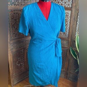 Vintage lightweight blue 100% silk half wrap pencil dress by Adriana Papéll